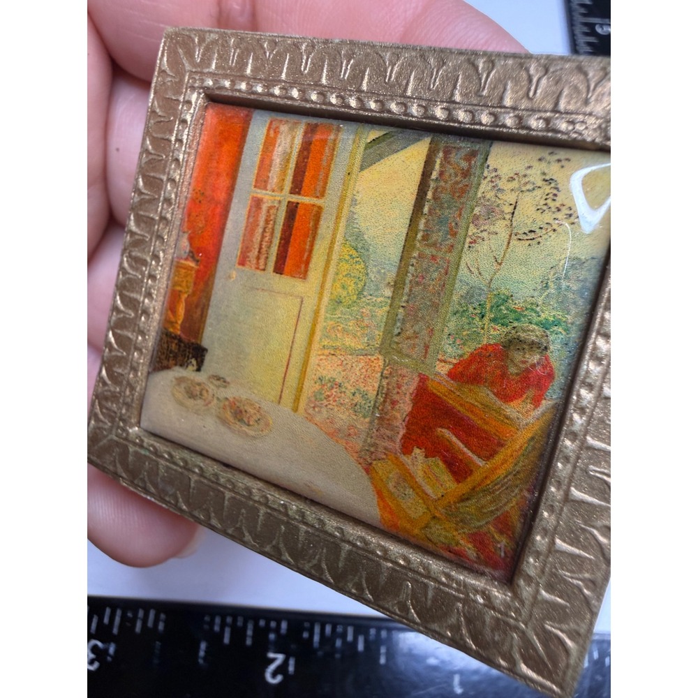Impressionist Art Scene Square Brooch Gold Tone Ornate Frame Pin Accessory